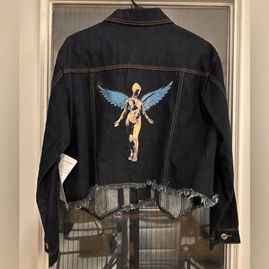 Upcycled Dark Blue and Tan Denim Sample Runway NY Jacket. Nirvana patch back